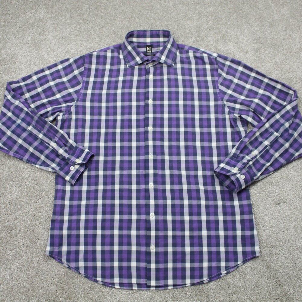 14th & Union Dress Shirt Mens 16, 34/35 Purple/Gray Trim Fit Wrinkle‎ Resistant